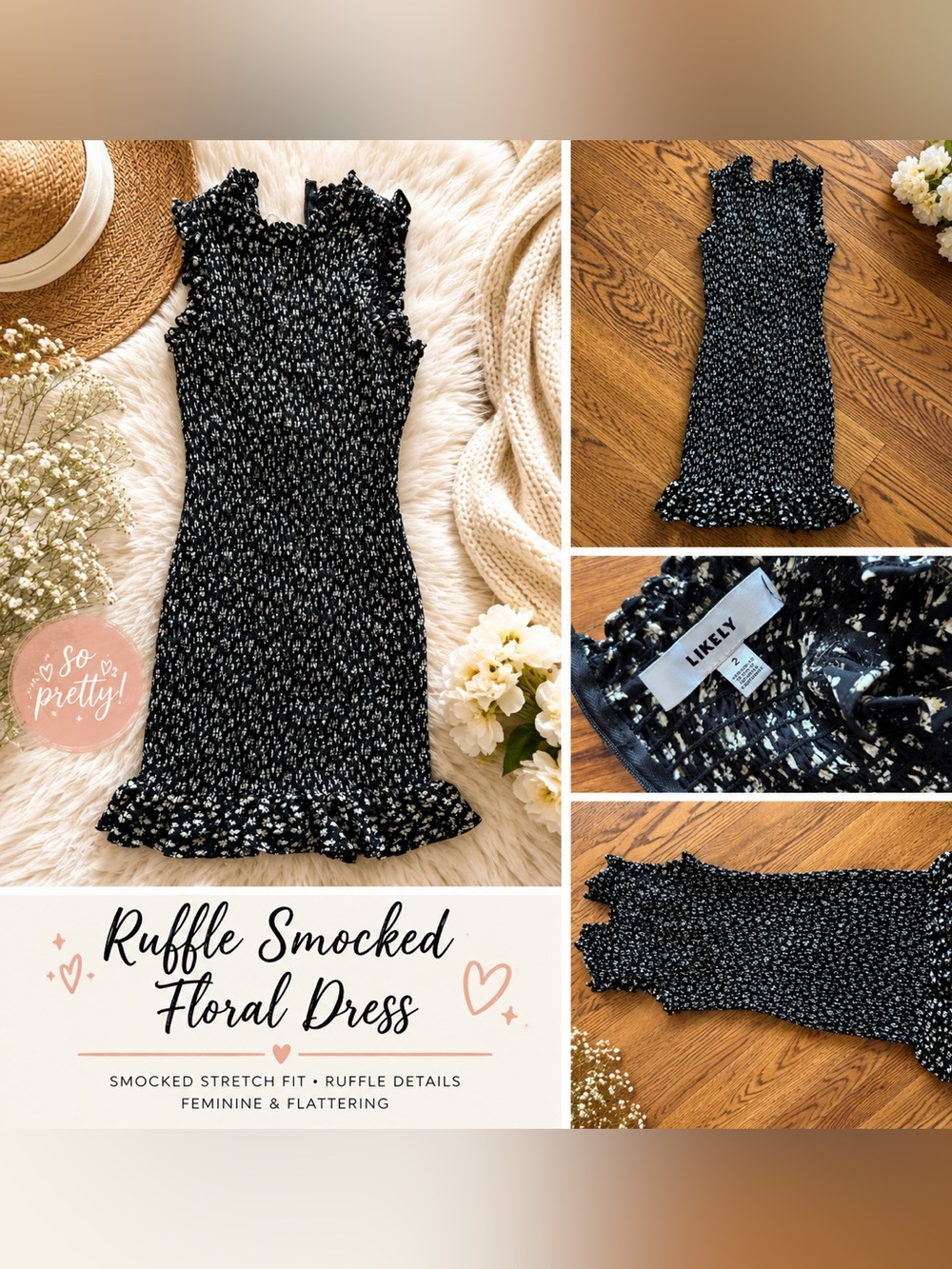 Likely Black Floral Smocked Ruffle Dress